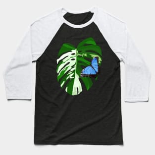 Blue Morpho Butterfly on a Monstera Albo Leaf Baseball T-Shirt